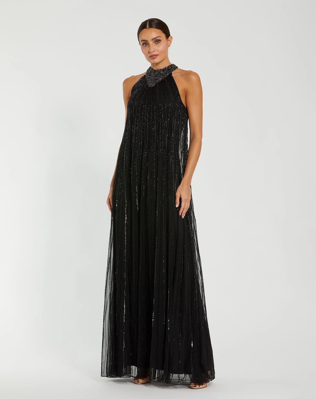 Black Sleeveless Halter Embellished Trapeze Gown