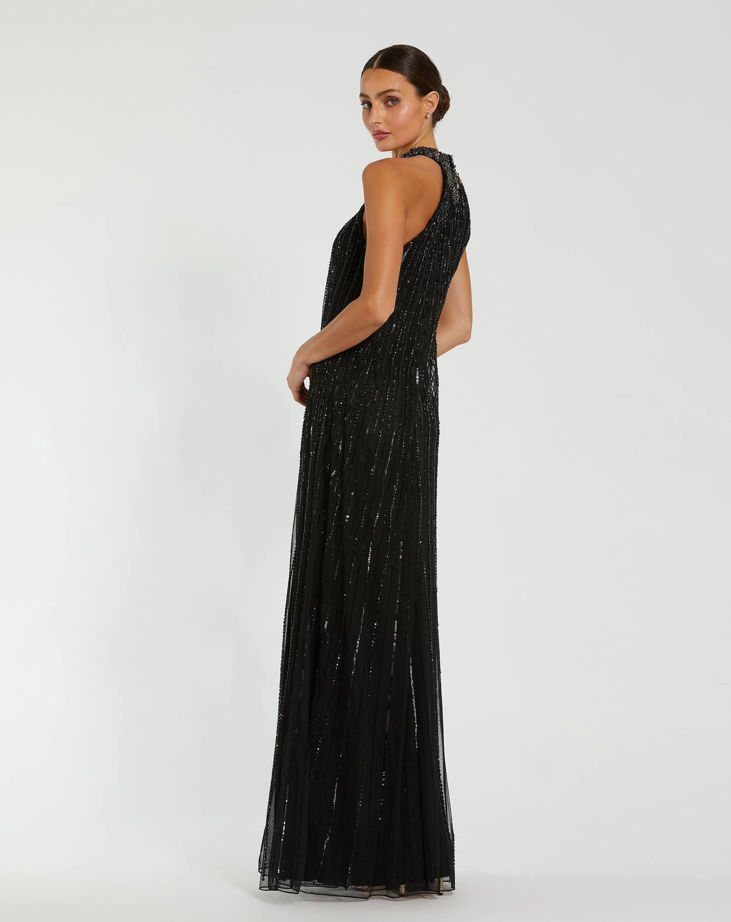 Black Sleeveless Halter Embellished Trapeze Gown