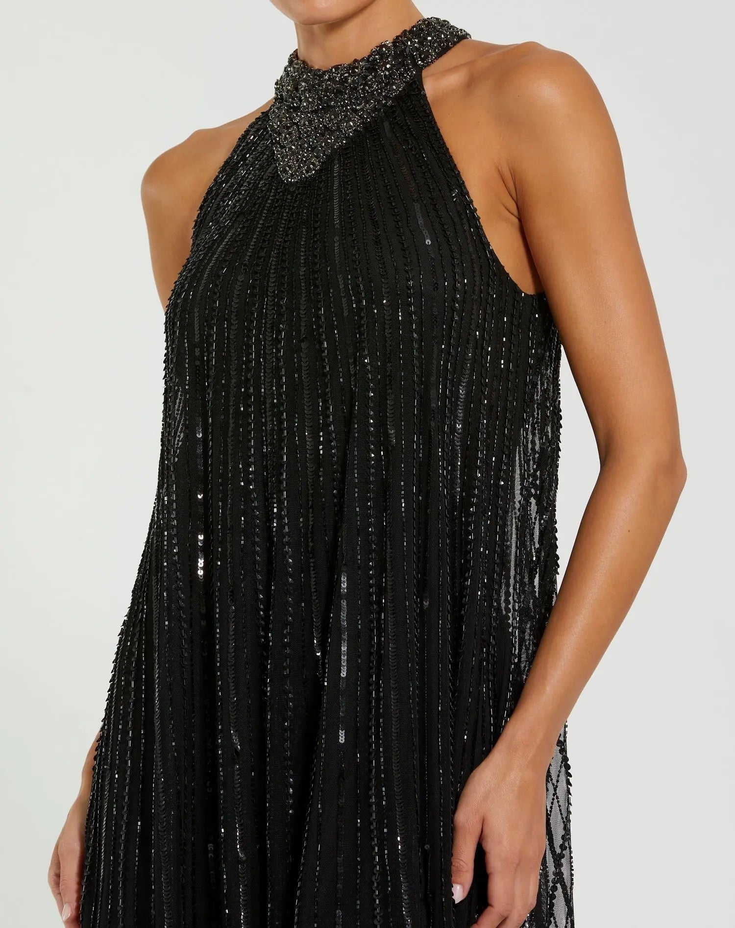 Black Sleeveless Halter Embellished Trapeze Gown
