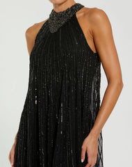 Black Sleeveless Halter Embellished Trapeze Gown