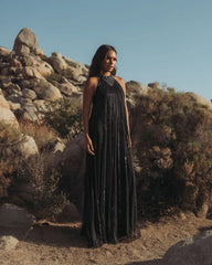 Black Sleeveless Halter Embellished Trapeze Gown
