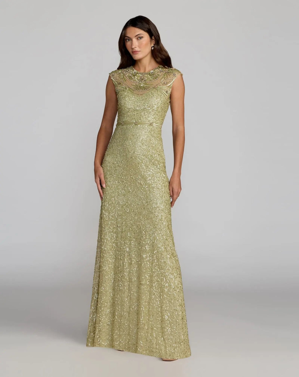 Green Embellished High Neck Cap Sleeve Gown