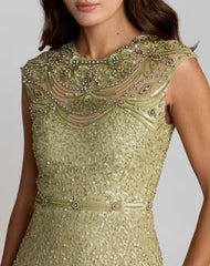 Green Embellished High Neck Cap Sleeve Gown