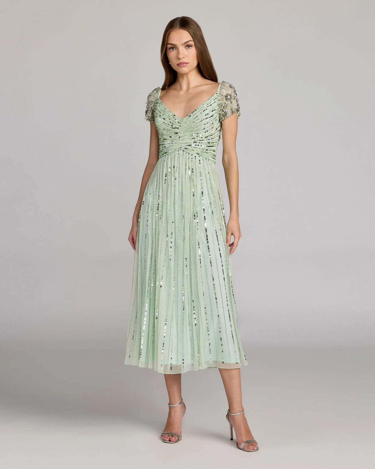 Green Sequin Jeweled V Neck Midi Dress