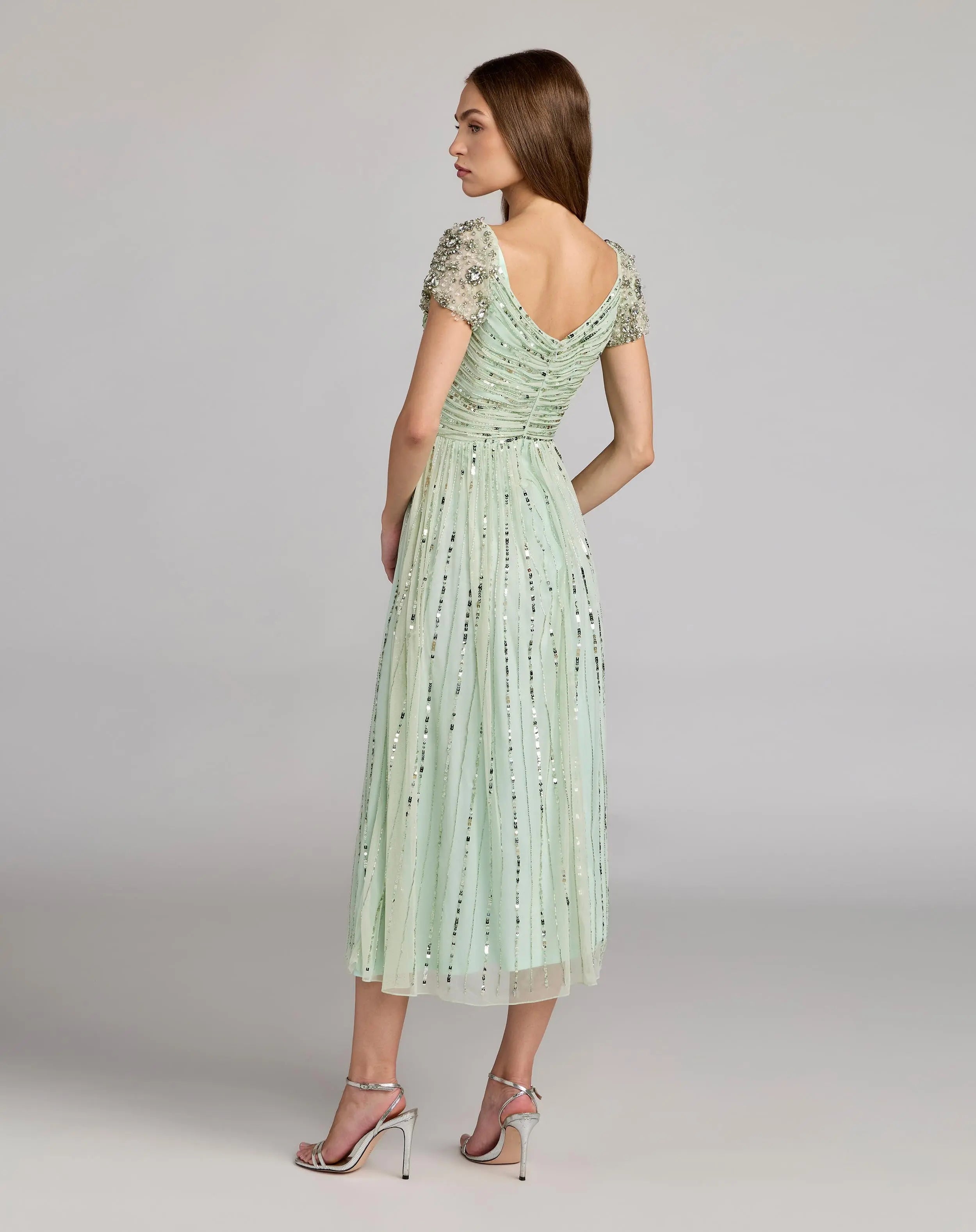 Green Sequin Jeweled V Neck Midi Dress