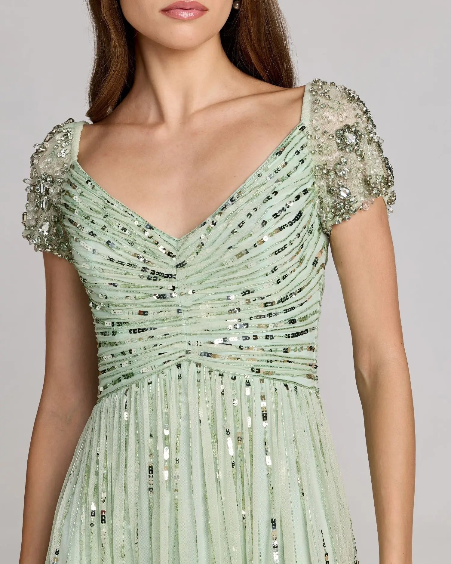 Green Sequin Jeweled V Neck Midi Dress