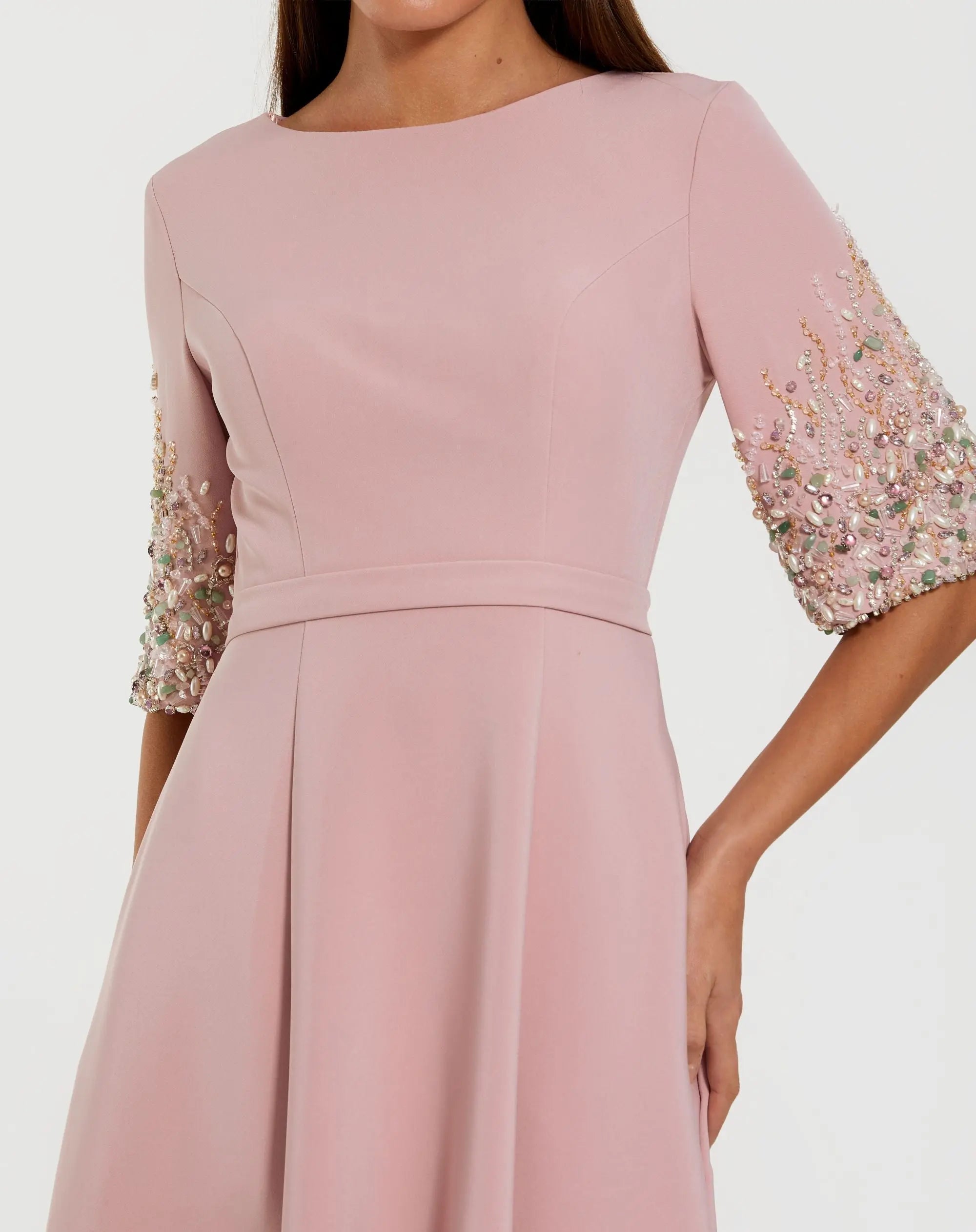 Pink Crepe Gown With Embellished 3/4 Sleeves