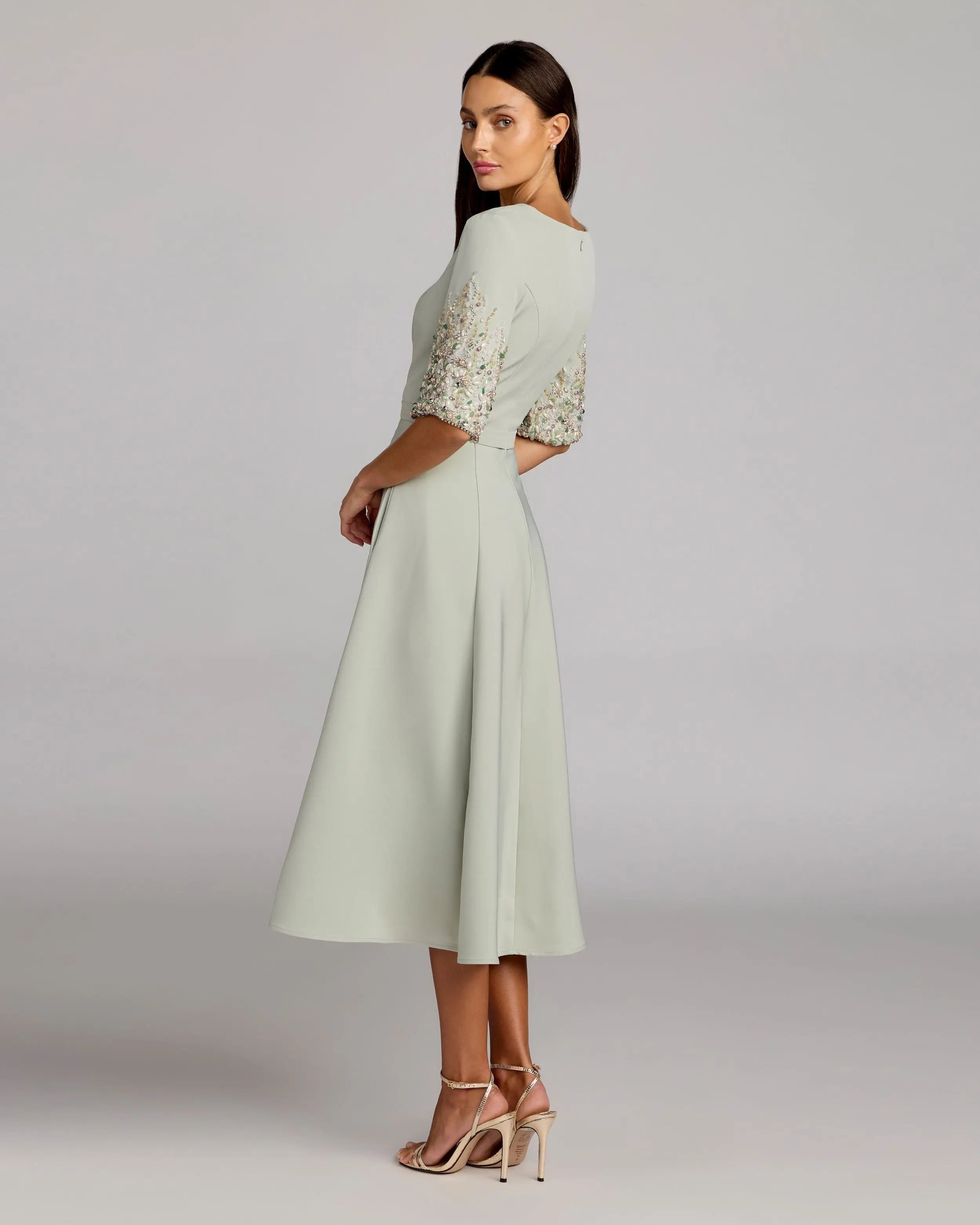 Green Crepe A Line Midi Dress With Beaded Sleeves