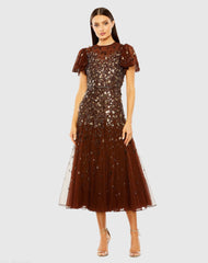 Brown High Neck Flutter Sleeve Embellished Midi Dress