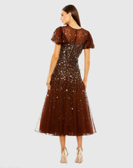 Brown High Neck Flutter Sleeve Embellished Midi Dress