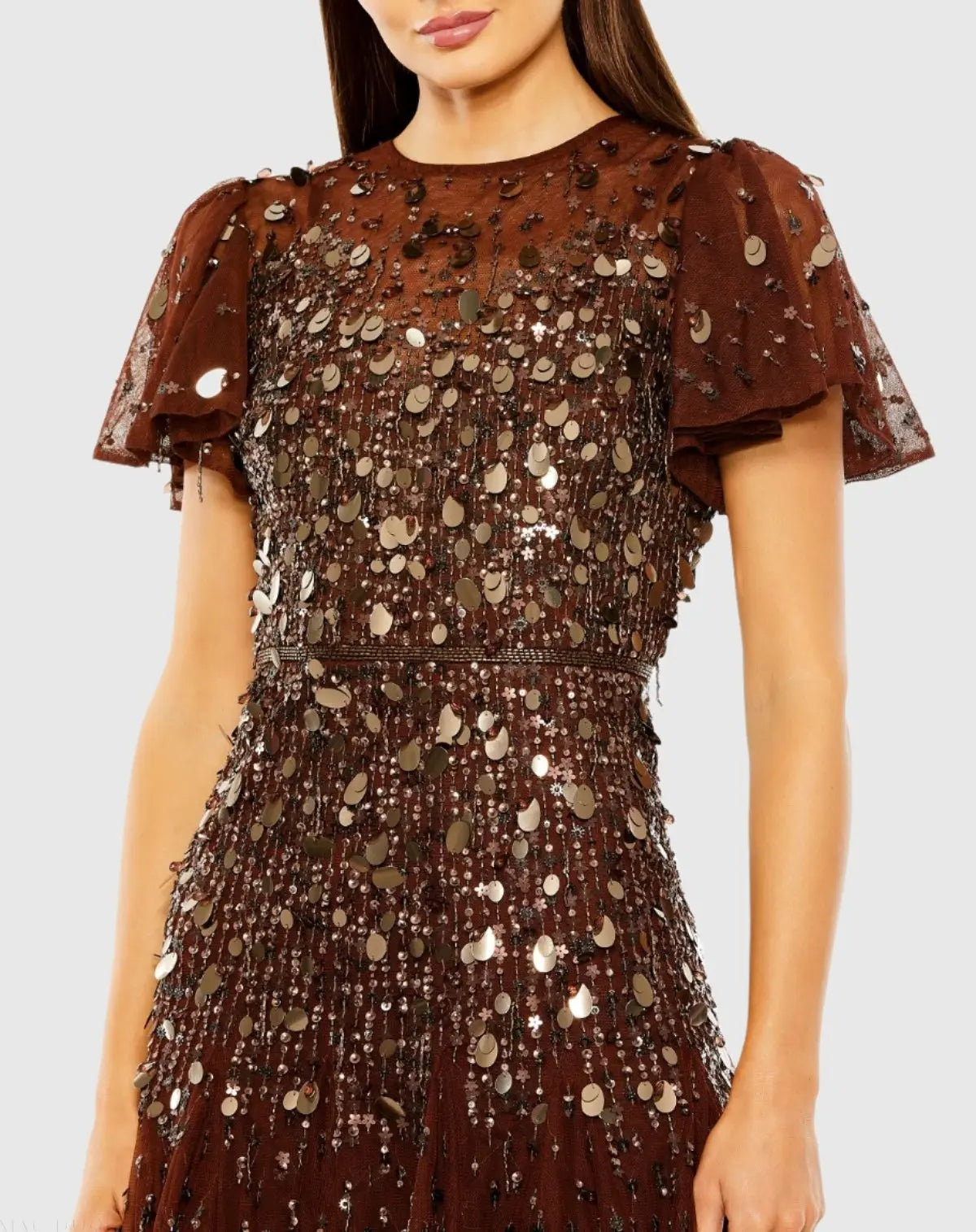 Brown High Neck Flutter Sleeve Embellished Midi Dress