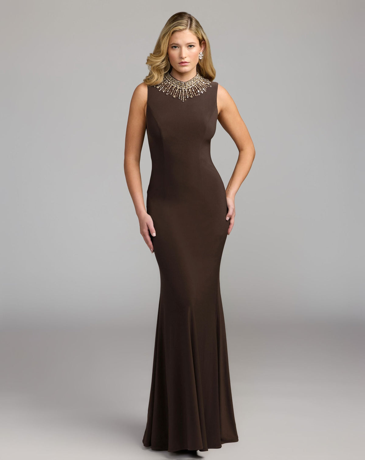 Brown Sleeveless Rhinestone Embellished High Neck Gown