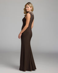 Brown Sleeveless Rhinestone Embellished High Neck Gown