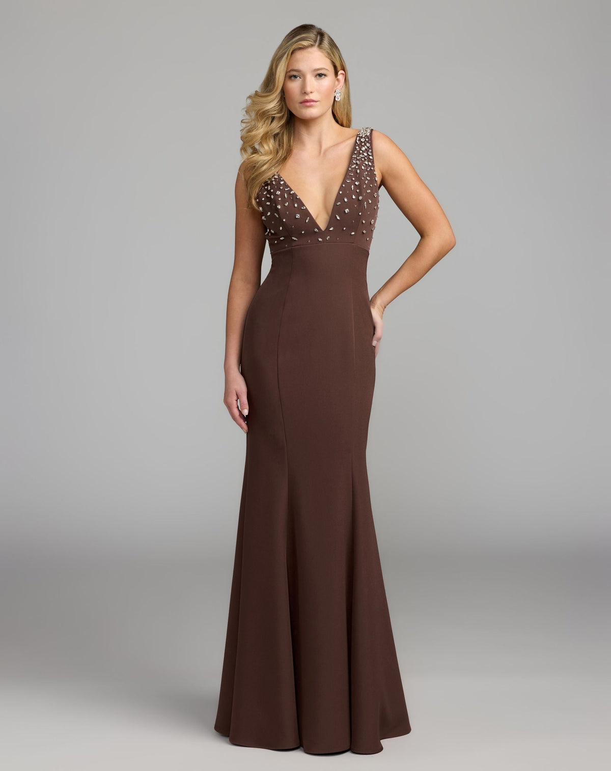 Brown Embellished Crepe Sleeveless V-Neck Gown