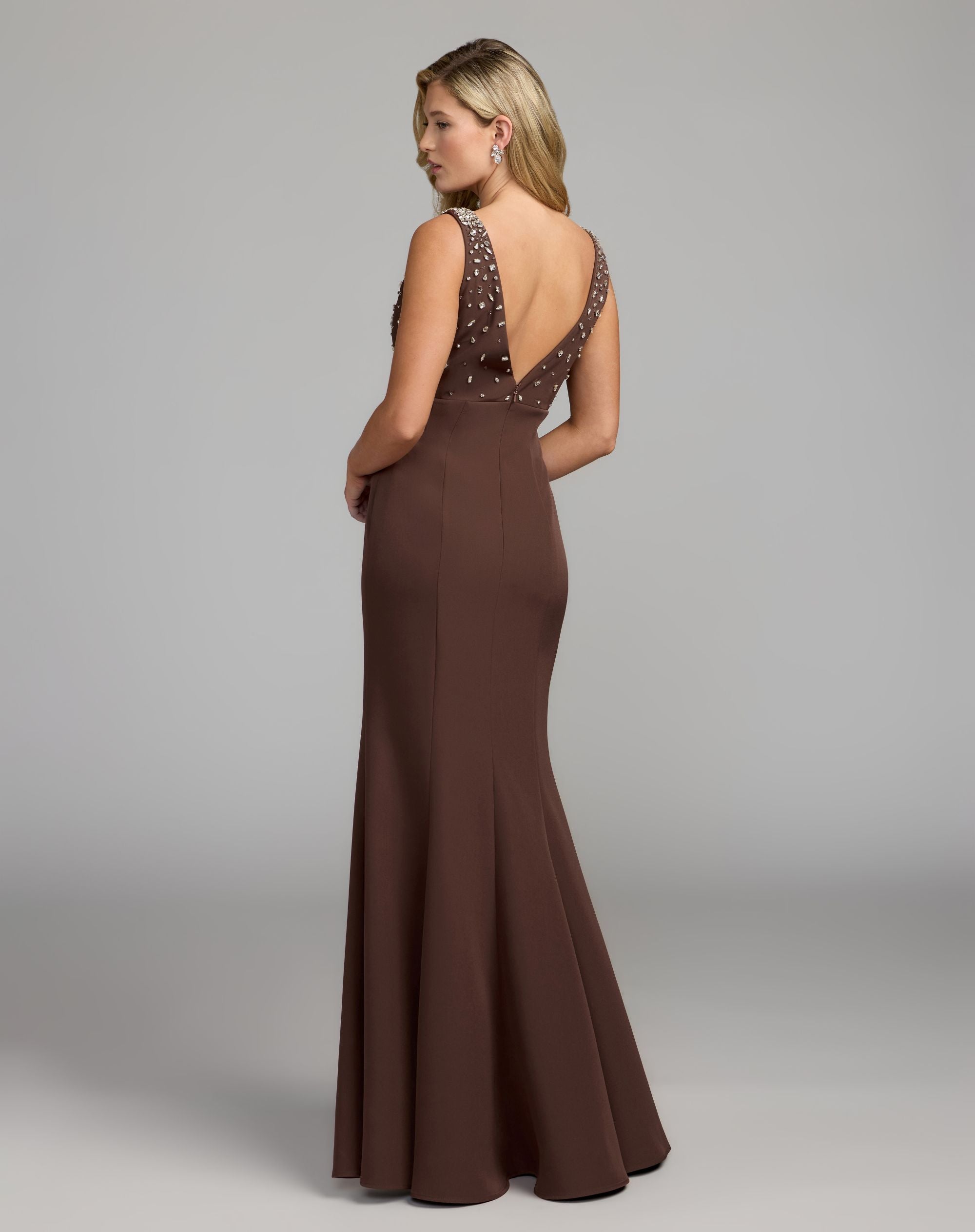 Brown Embellished Crepe Sleeveless V-Neck Gown