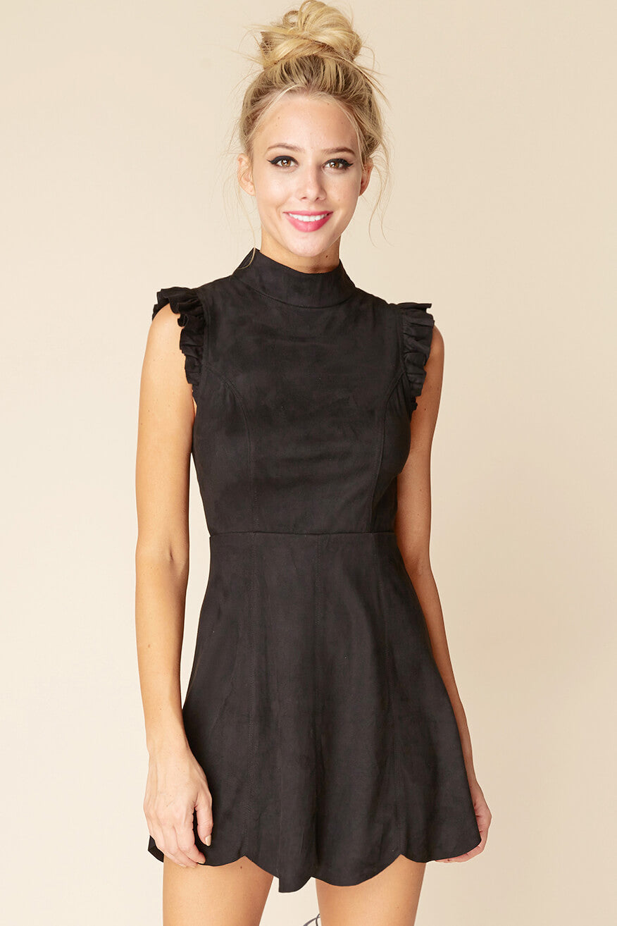 Kylie Ruffled Sleeve Suede Dress Black Main image