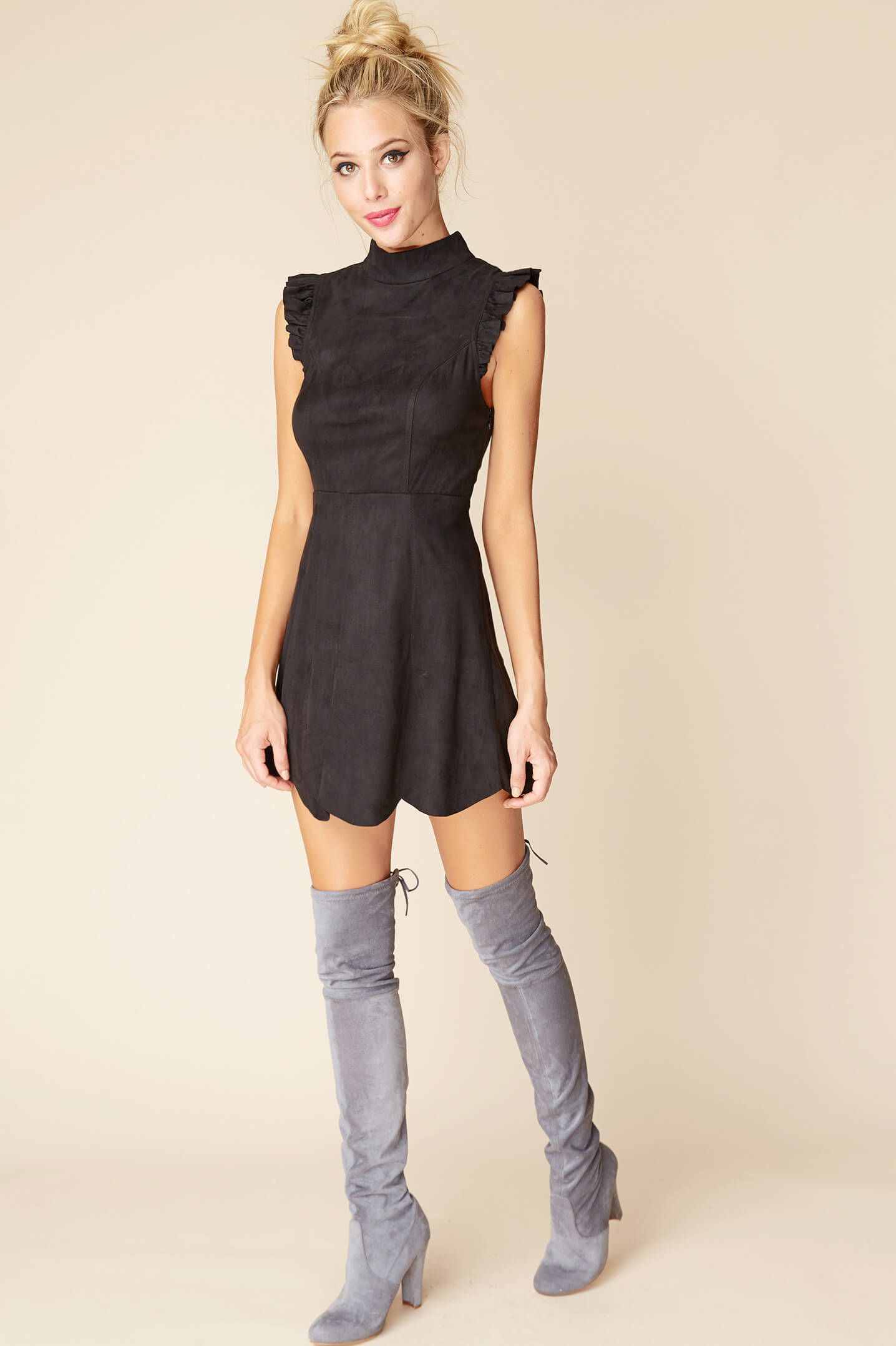 Kylie Ruffled Sleeve Suede Dress Black Secondary image