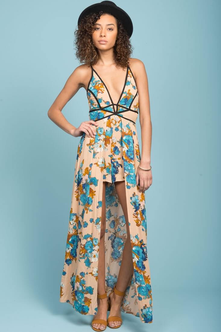 Tiana Floral Maxi Romper Mocha
