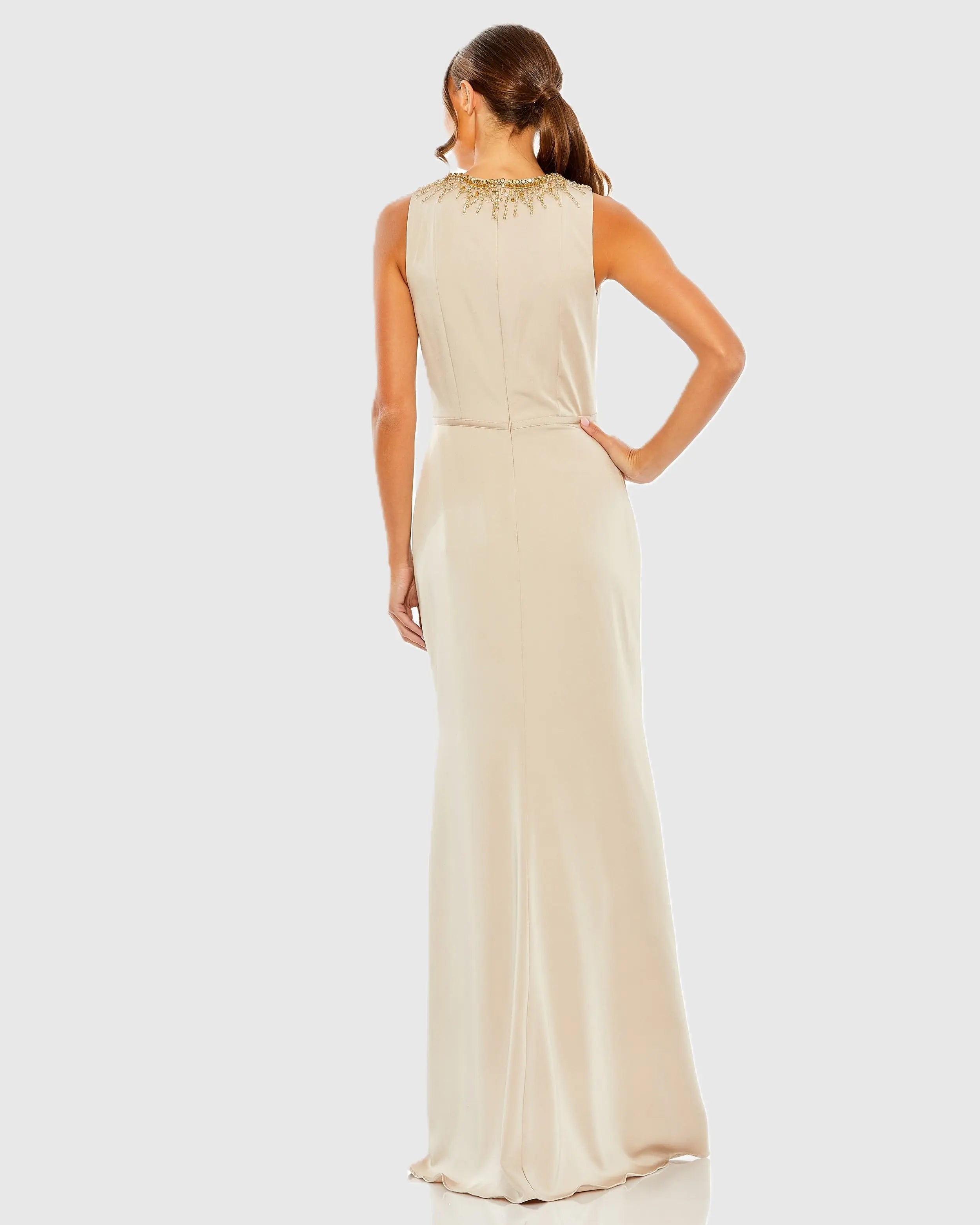 Beige High Neck Rhinestone Column Gown With Slit