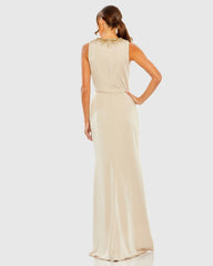 Beige High Neck Rhinestone Column Gown With Slit