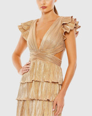 Gold Ruffle Tiered Criss Cross Lace Up Gown