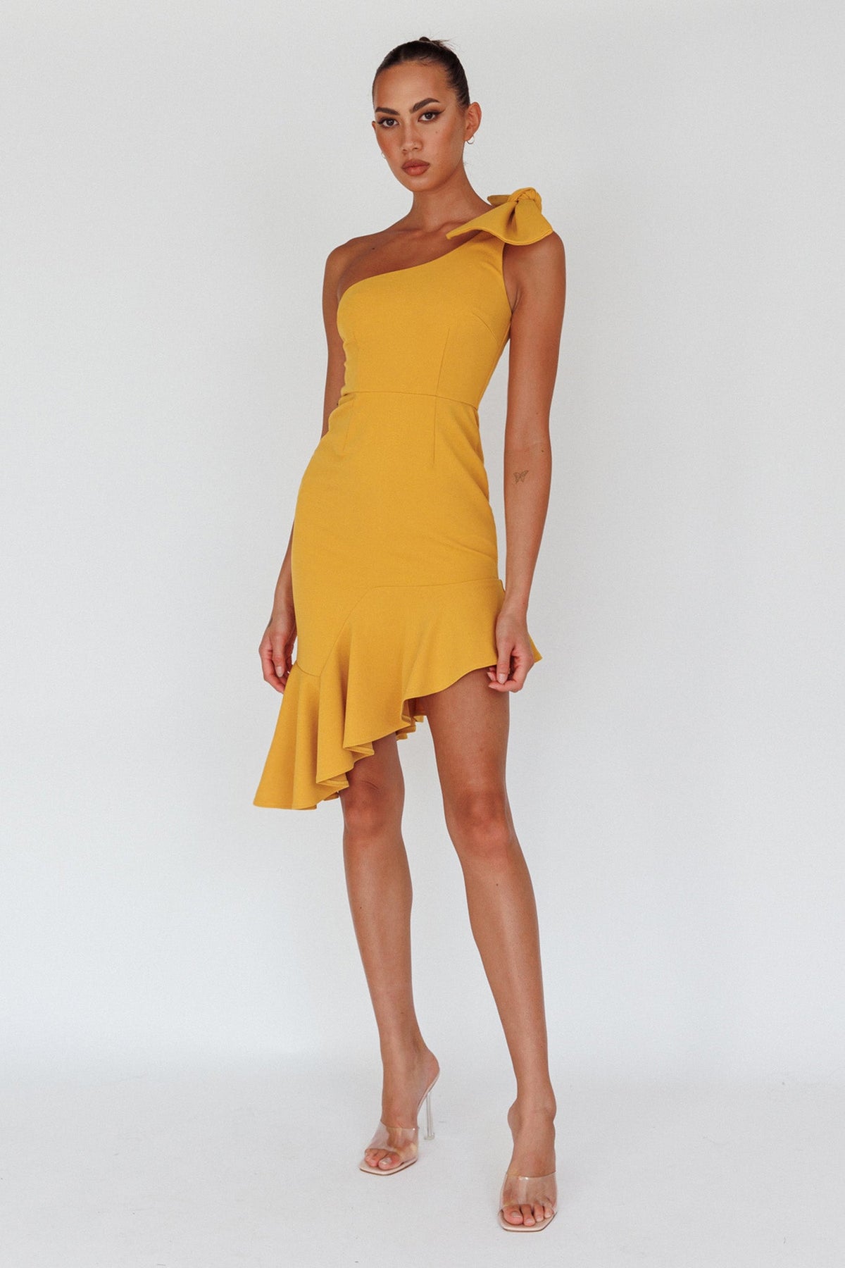 Tiffany One-Shoulder Bow Dress Mustard Main image