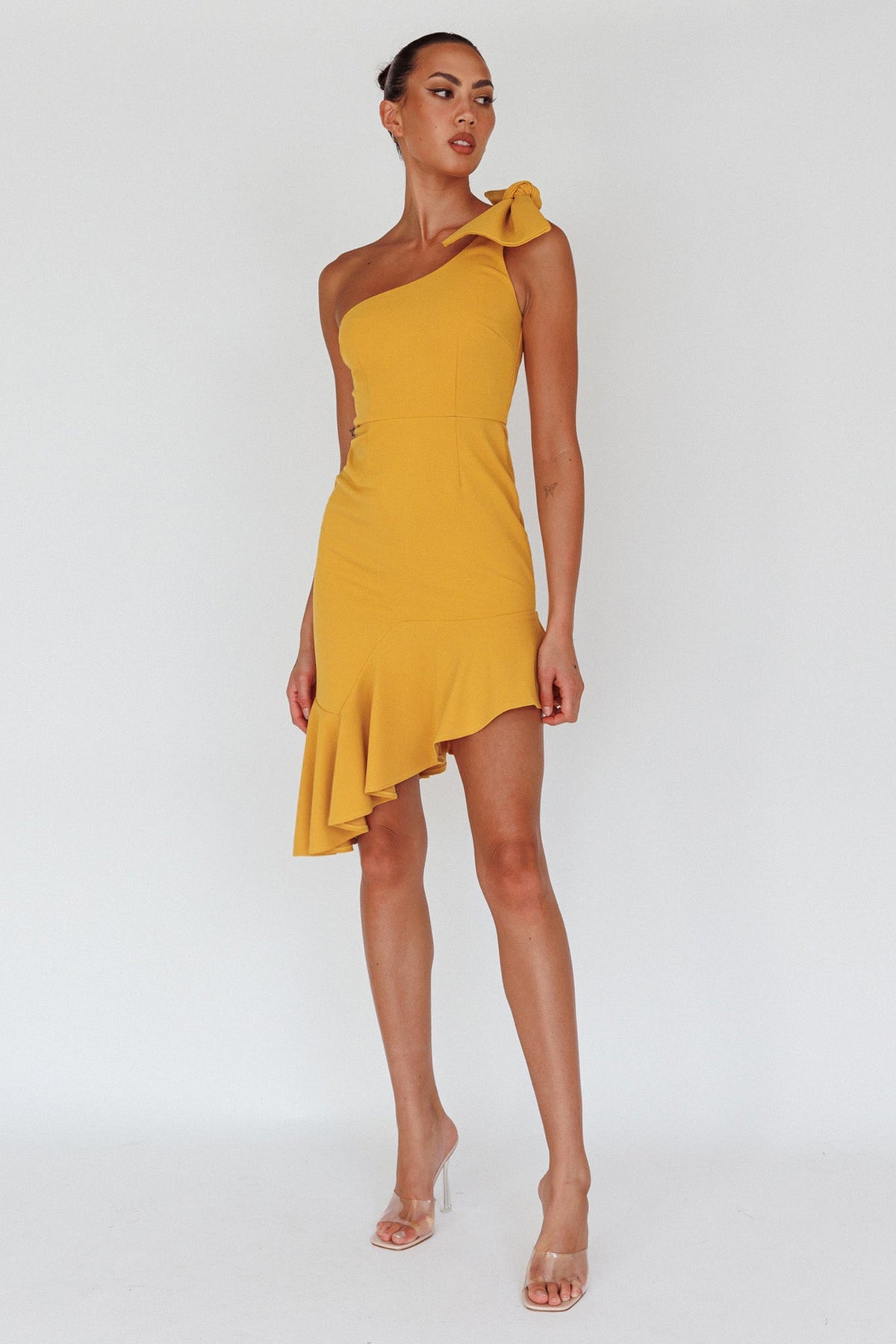 Tiffany One-Shoulder Bow Dress Mustard