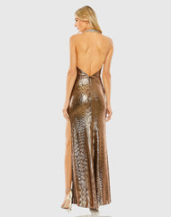 Gold High Neck Crystal Detail Metallic Slit Gown - FINAL SALE