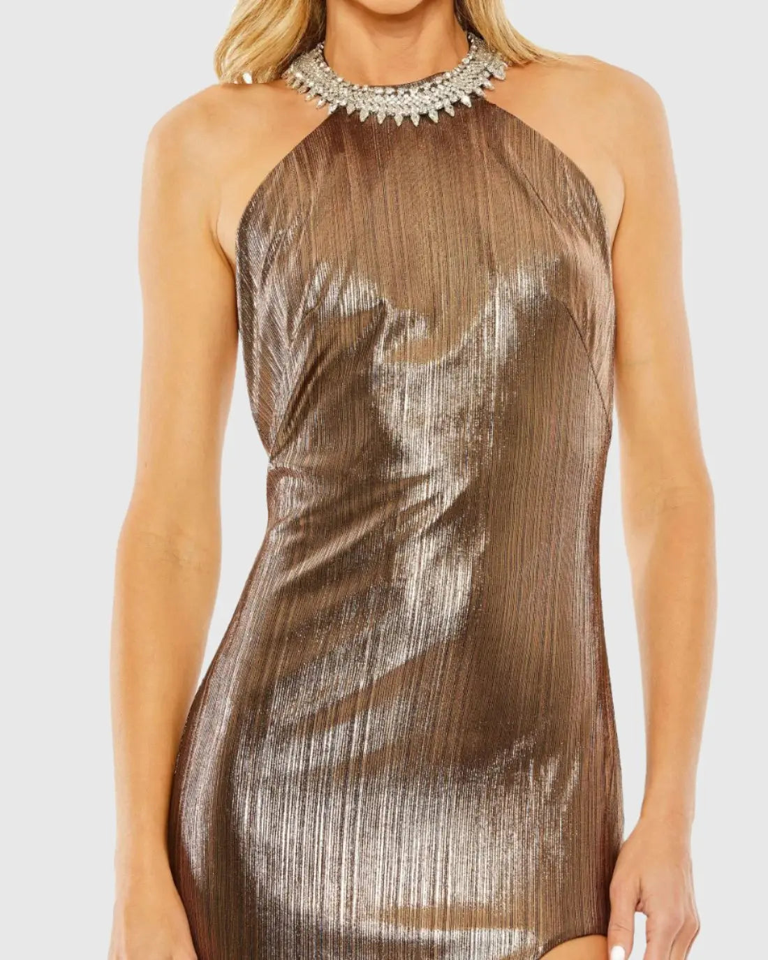 Gold High Neck Crystal Detail Metallic Slit Gown - FINAL SALE
