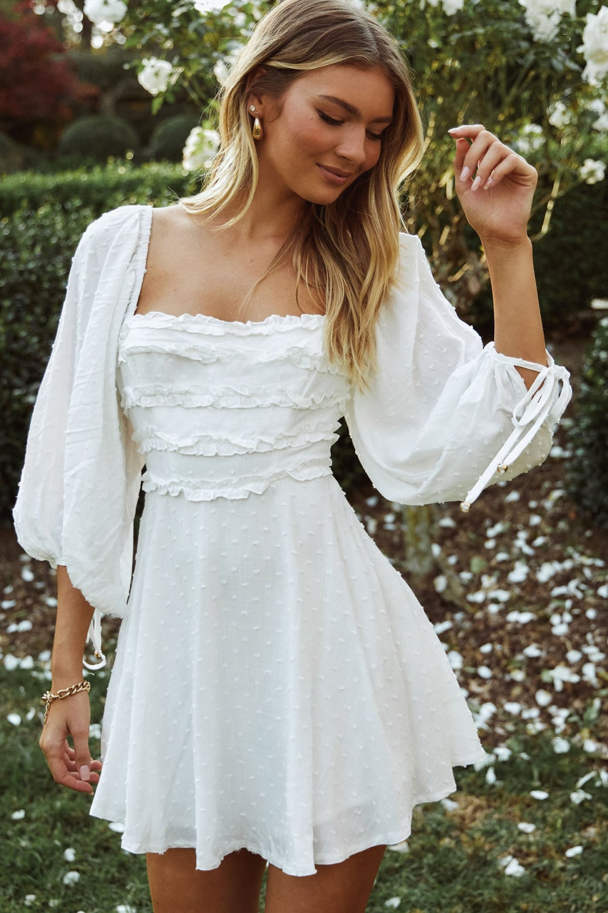 Illia Three-Quarter Balloon Sleeve Frill Bodice Dress White Main image