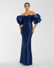 Blue Off The Shoulder Puff Sleeve Satin Evening Gown