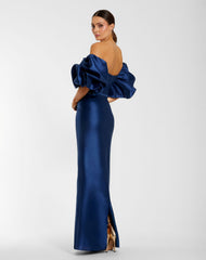 Blue Off The Shoulder Puff Sleeve Satin Evening Gown