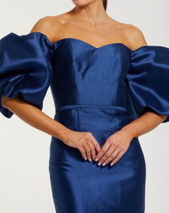 Blue Off The Shoulder Puff Sleeve Satin Evening Gown