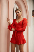 Make Memories Balloon Sleeve Molded Bust Dress Red