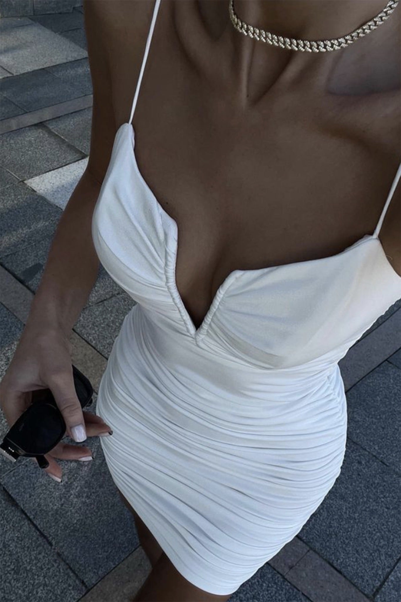 Good Vibes Cami Strap Deep V-Neckline Ruched Mini Dress White Secondary image