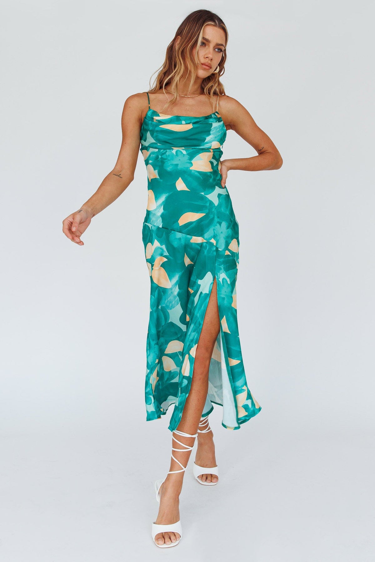Well Versed Pleated Bust Front Split Dress Flora Green Main image