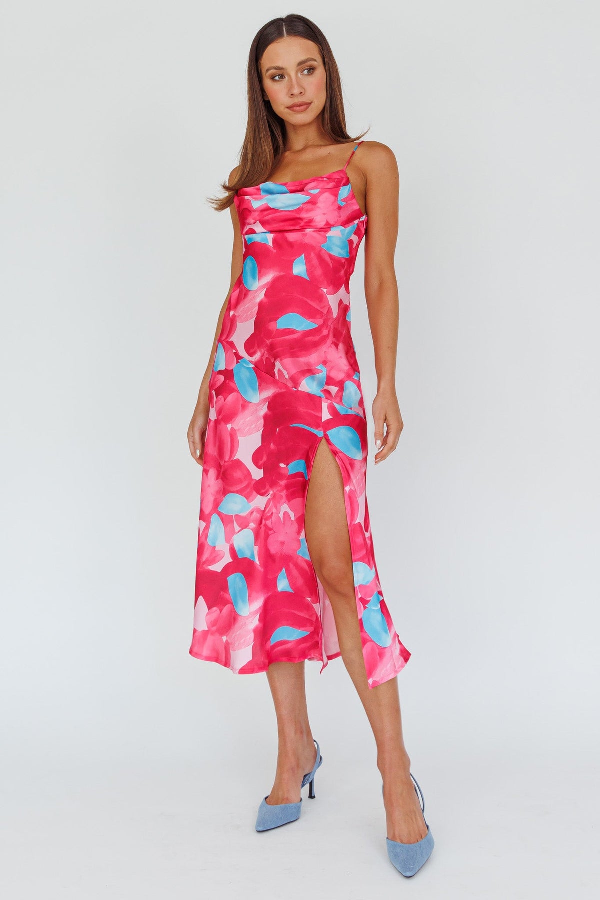Well Versed Pleated Bust Front Split Dress Flora Pink Main image