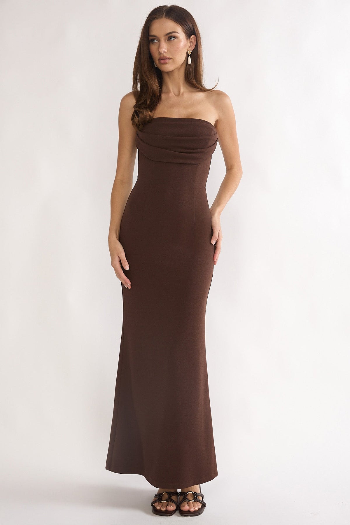 Well Versed Strapless Pleat Bust Maxi Dress Chocolate Main image