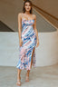 Well Versed Pleated Bust Front Split Dress Blue Multi