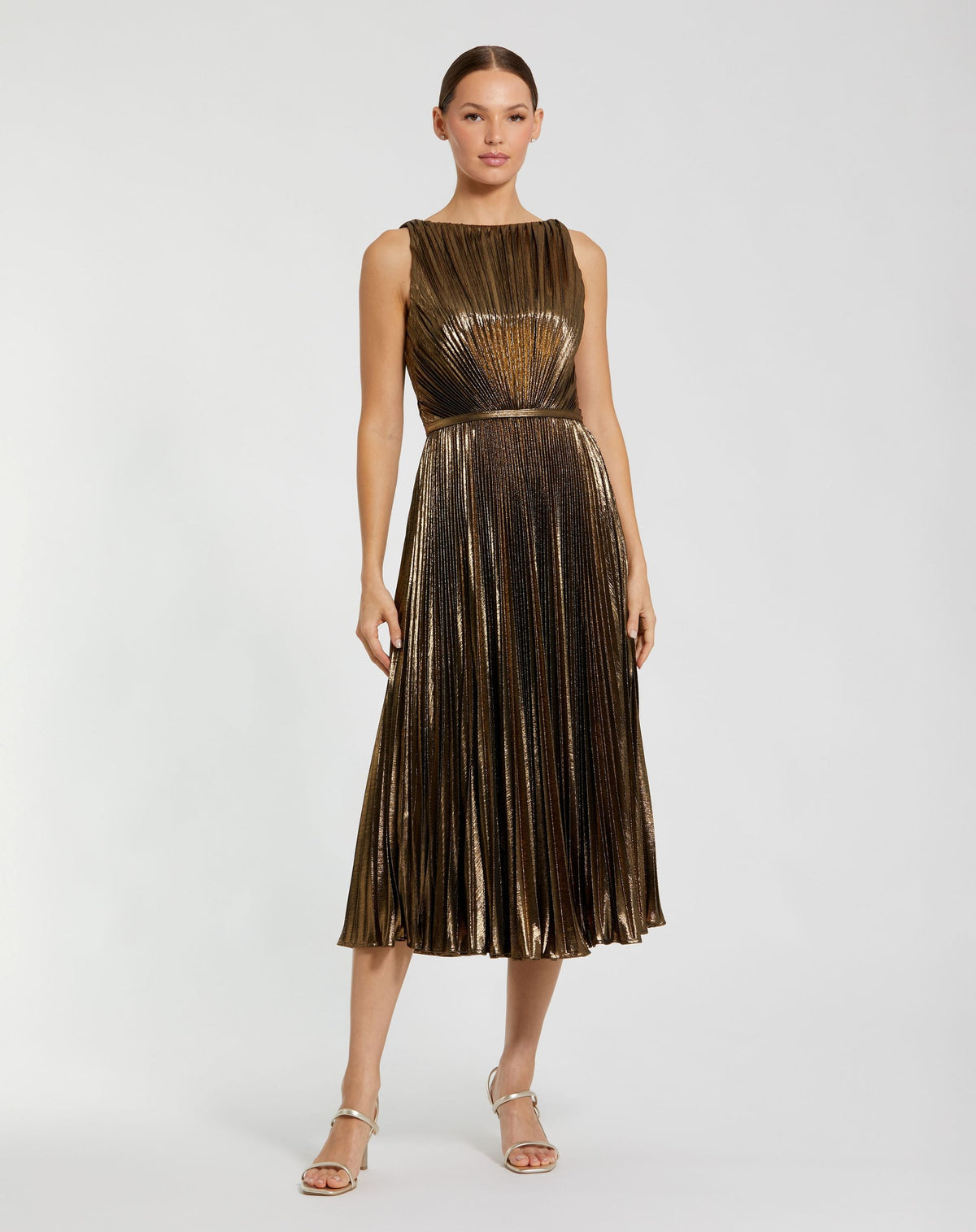 Gold Metallic Pleated High Neck Midi Dress