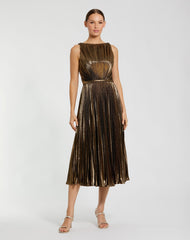 Gold Metallic Pleated High Neck Midi Dress