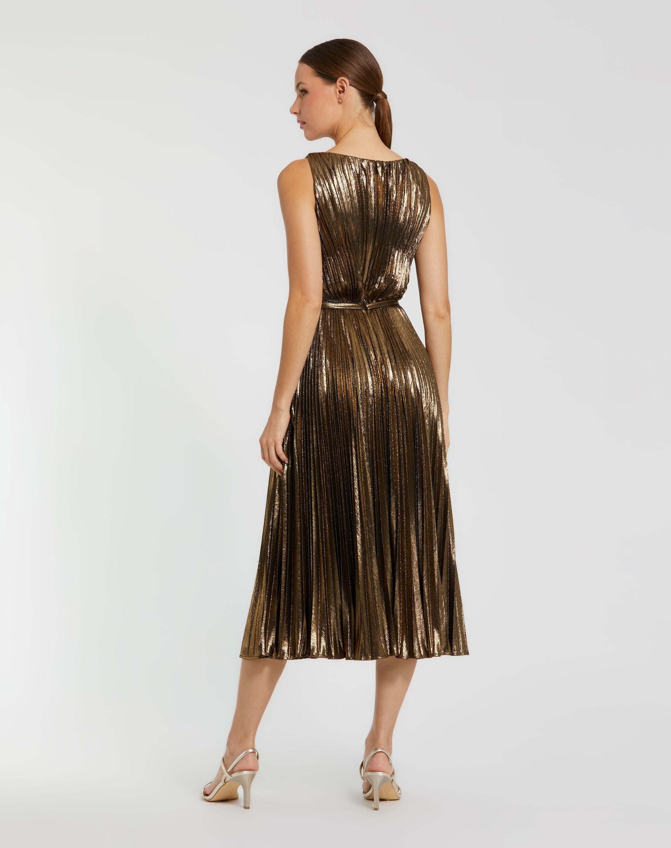 Gold Metallic Pleated High Neck Midi Dress