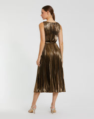 Gold Metallic Pleated High Neck Midi Dress