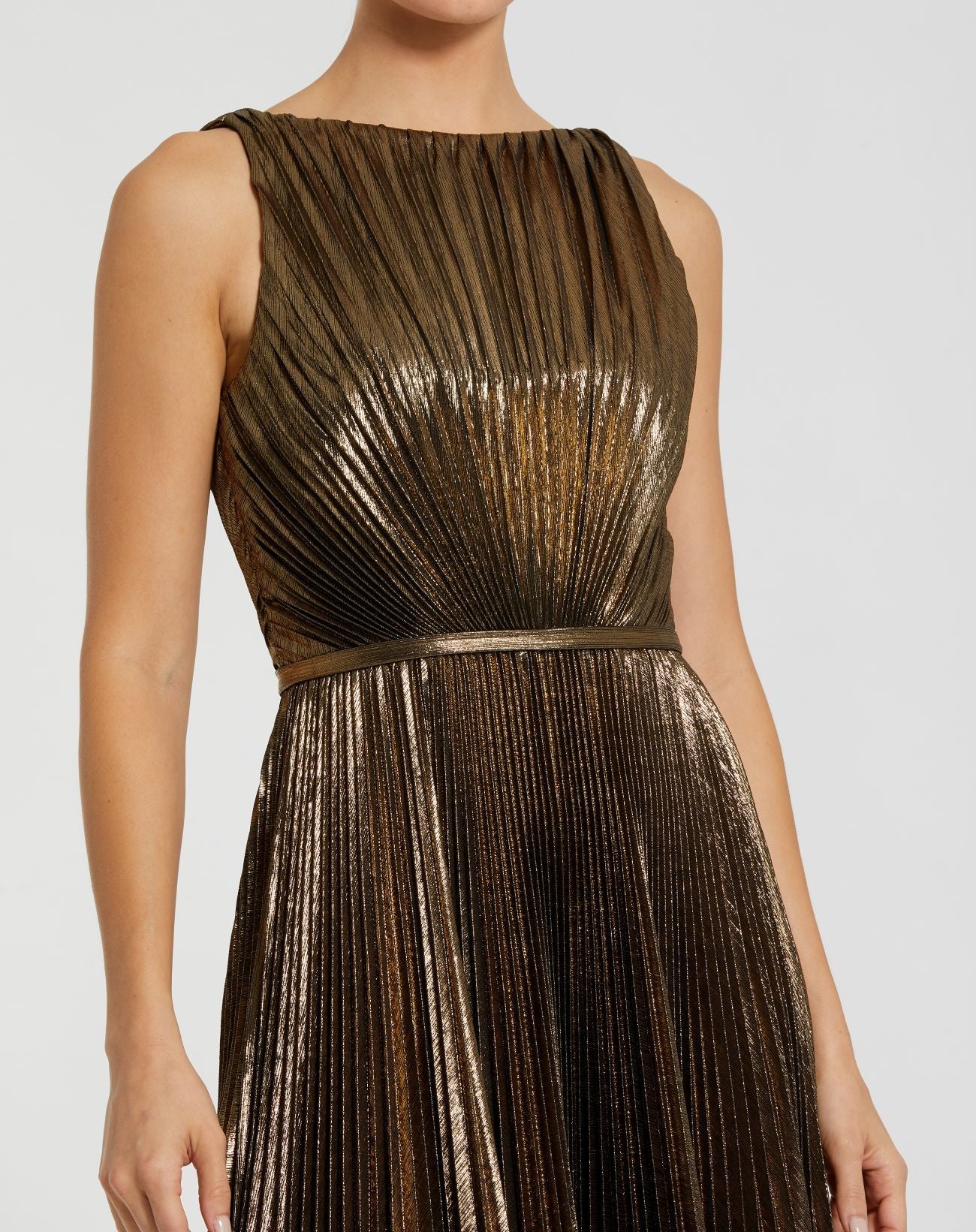 Gold Metallic Pleated High Neck Midi Dress