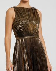 Gold Metallic Pleated High Neck Midi Dress