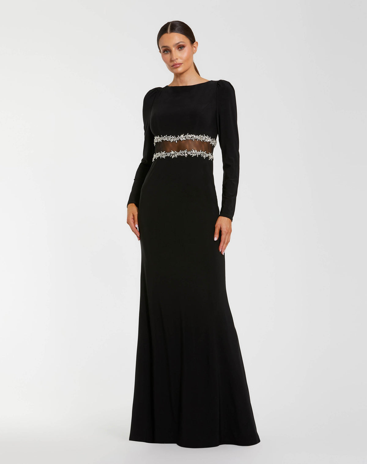 Black Long Sleeve Jersey Gown With Jewel Detail