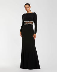 Black Long Sleeve Jersey Gown With Jewel Detail