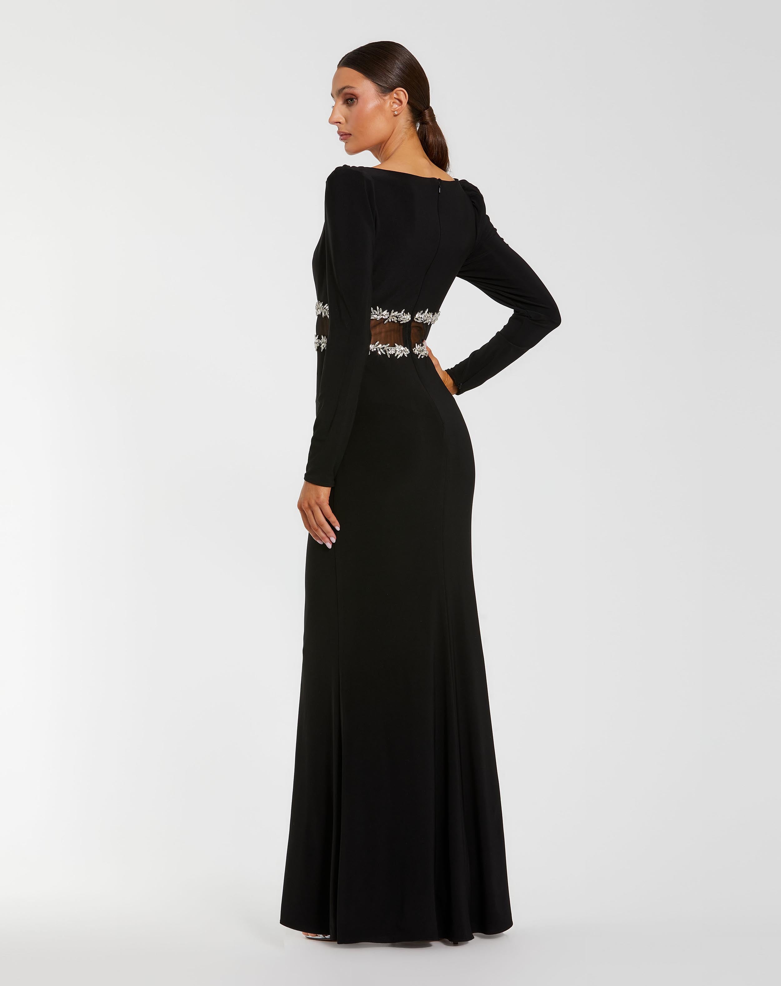 Black Long Sleeve Jersey Gown With Jewel Detail
