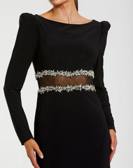 Black Long Sleeve Jersey Gown With Jewel Detail