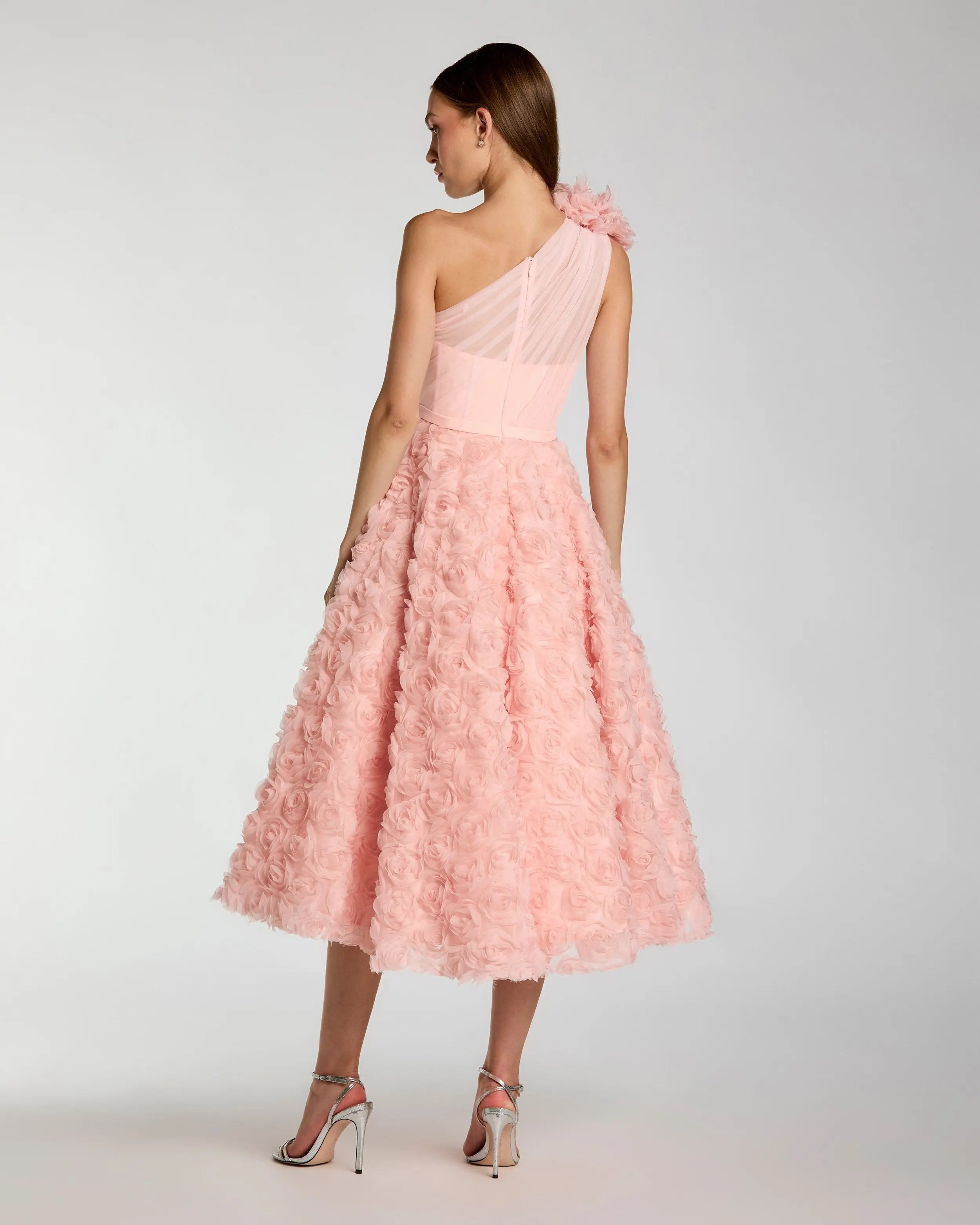 Blush One Shoulder Rosette Midi Dress